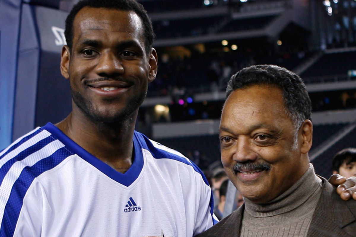 Rev. Jesse Jackson (right) poses with  LeBron James prior to the 2010 NBA All-Star Game in Dallas on Feb. 14.    