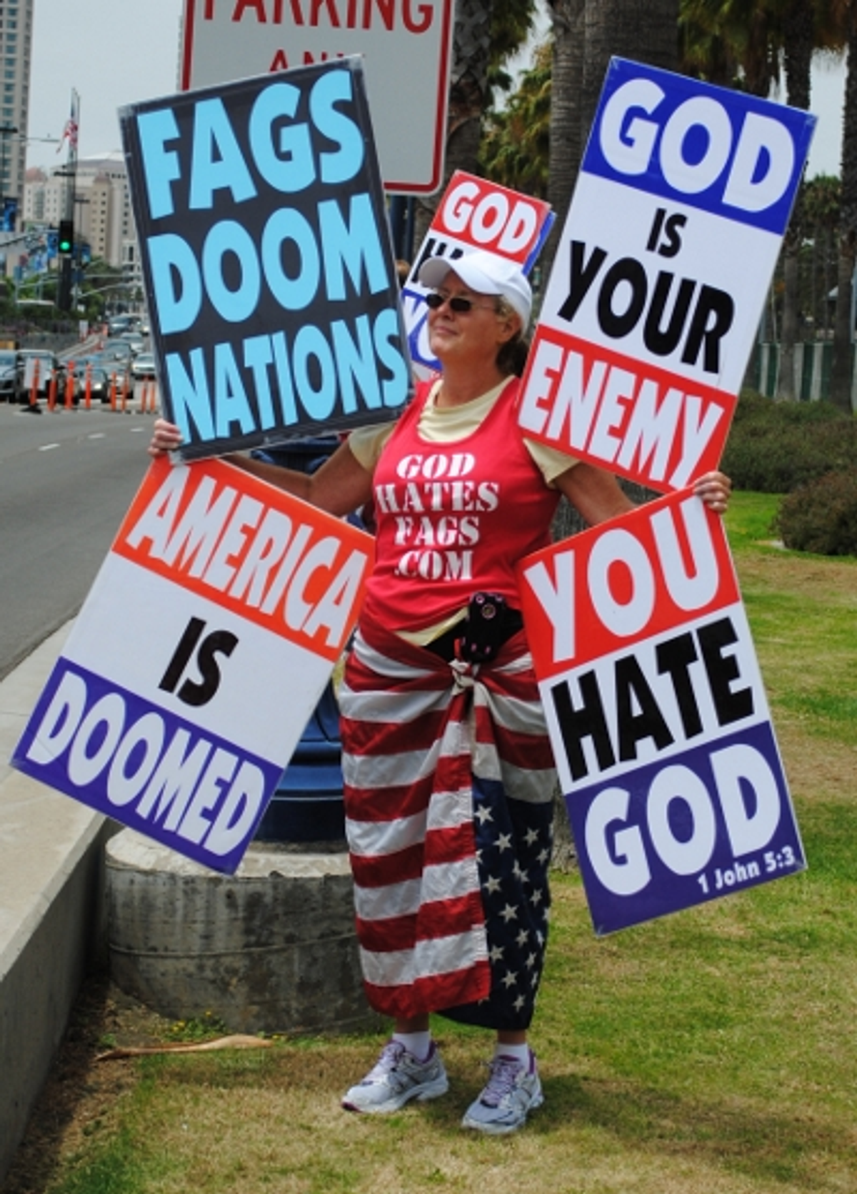 Margie Phelps of the Westboro Baptist Church protest the San Diego Comic Con. 
