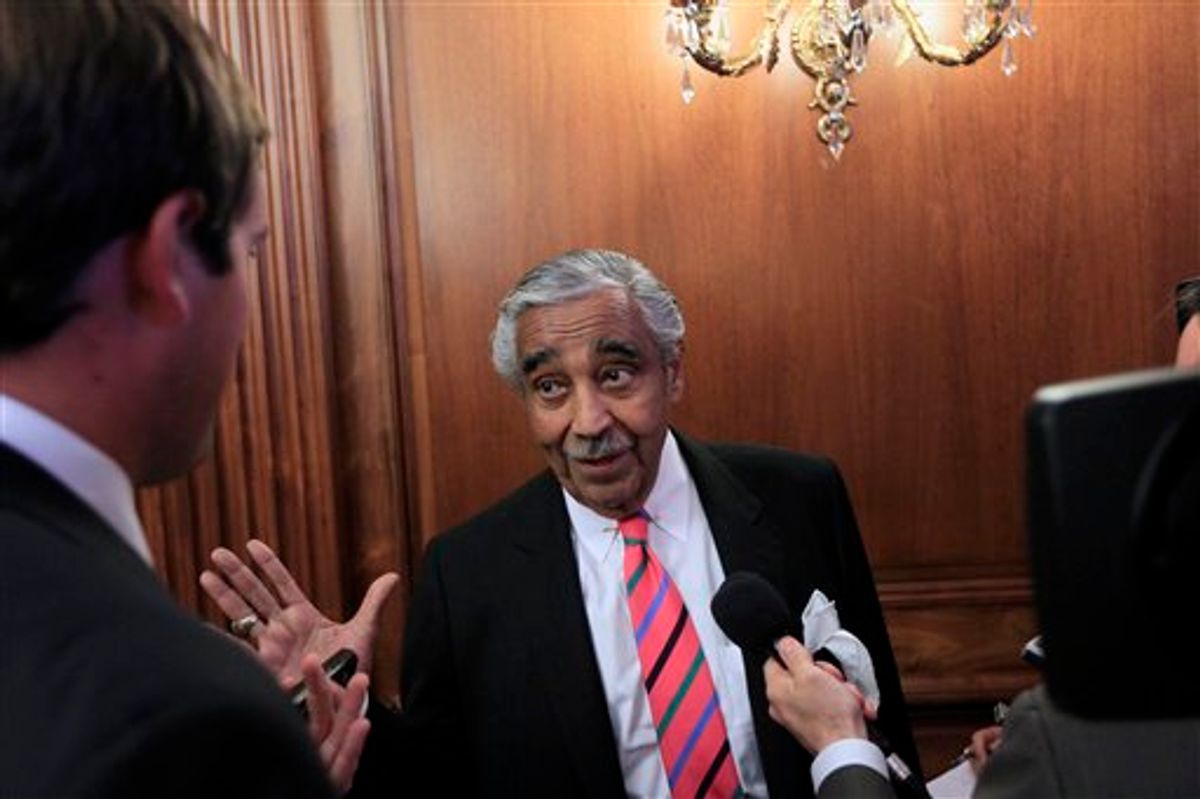 In this July 22, 2010, photo, Rep. Charlie Rangel, D-N.Y., answers questions from the media  on Capitol Hill in Washington. House Democratic leaders who promised to "drain the swamp" of corrupt Washington are doing a delicate rhetorical dance around one of their own, 20-term Rangel, as he faces a public trial on ethical misdeeds during a high-stakes midterm election. (AP Photo/Alex Brandon)  (AP)