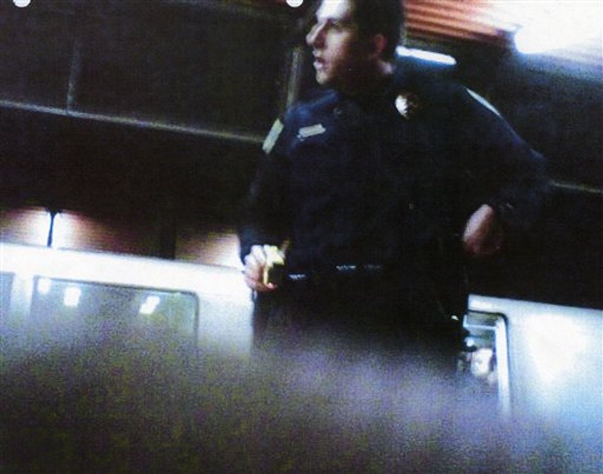 FILE - This cellular telephone image provided by the Los Angeles County Superior Court shows an image taken, according to lawyers, by Oscar Grant, of former San Francisco Bay Area Rapid Transit police officer Johannes Mehserle shortly before Mehserle shot Grant on New Year's Day 2009. Mehserle testified Friday June 25, 2010 that he mistakenly pulled out his pistol instead of a stun gun when he shot and killed an unarmed black man who was lying face down on an Oakland train platform. A jury has reached a verdict in the trial of a former San Francisco Bay area transit officer accused of murdering Grant, an unarmed man on an Oakland train platform. The eight-woman, four-man panel is scheduled to read the verdict on Thursday, July 8, 2010. (AP Photo/ Los Angeles County Superior Court) (AP)