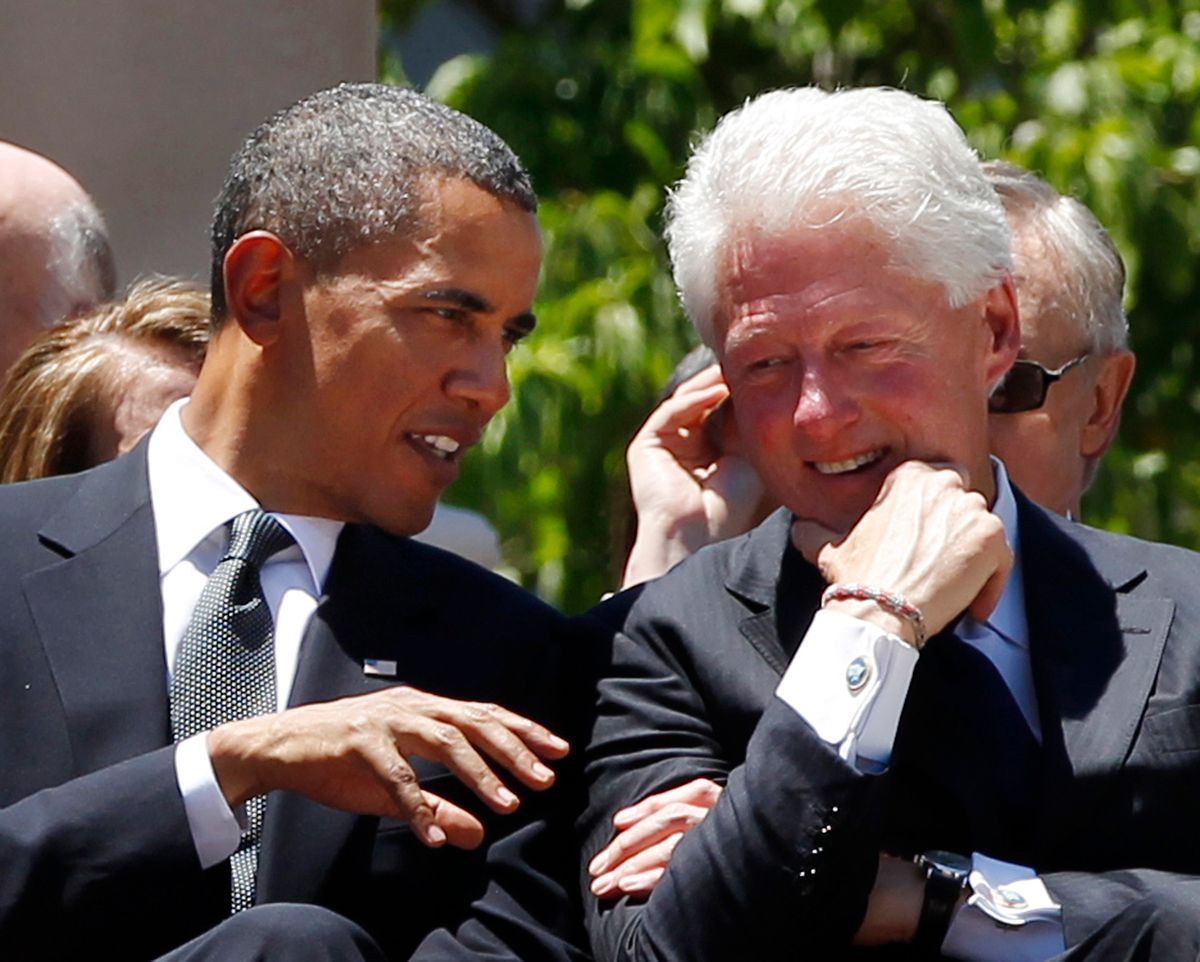 U.S. President Barack Obama and former president Bill Clinton attend the memorial service for Senator Robert Byrd on the steps of the state capitol in Charleston, West Virginia, July 2, 2010.         REUTERS/Larry Downing (UNITED STATES - Tags: POLITICS)        (Â© Larry Downing / Reuters)