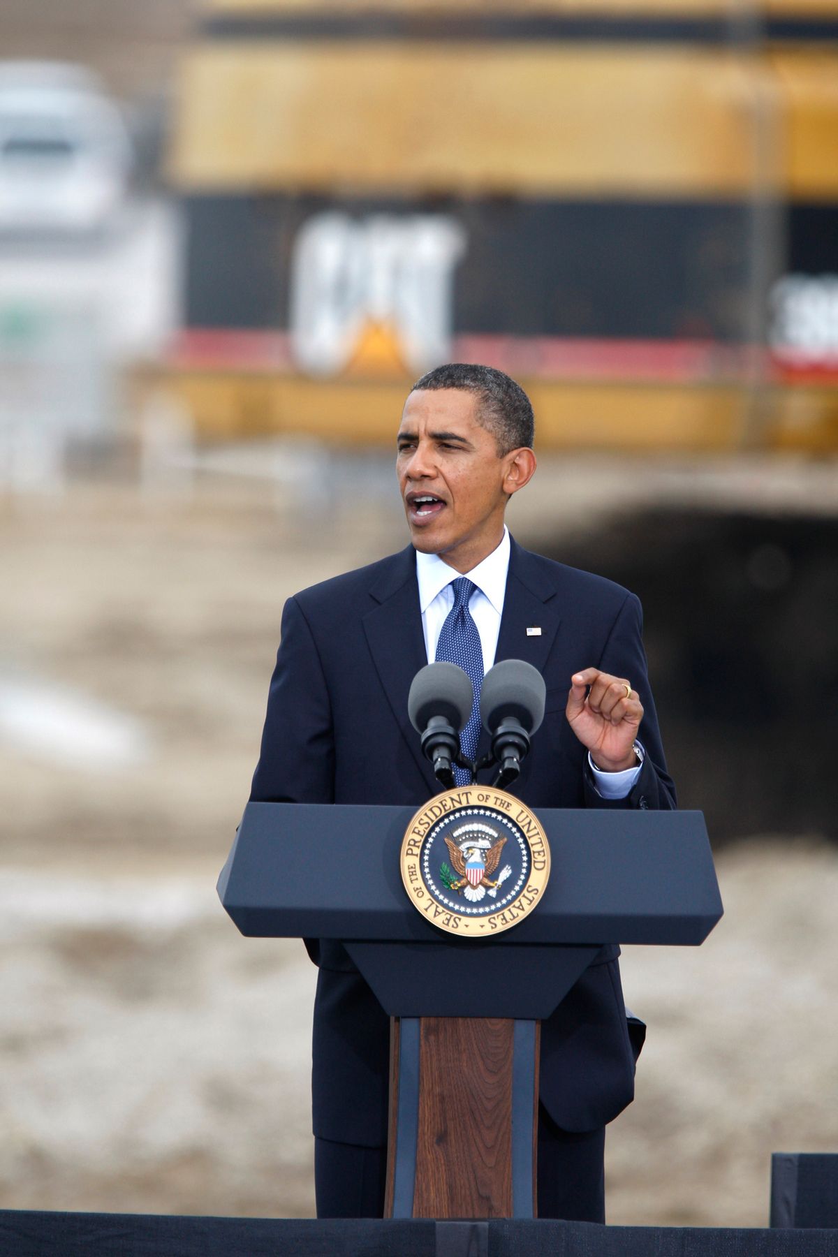 President Barack Obama speaks during a groundbreaking ceremony for the LG Chem plant that will manufacture advanced batteries for Chevrolet and Ford electric cars, Thursday, July 15, 2010, in Holland, Mich. (AP Photo/Carlos Osorio) (Carlos Osorio)