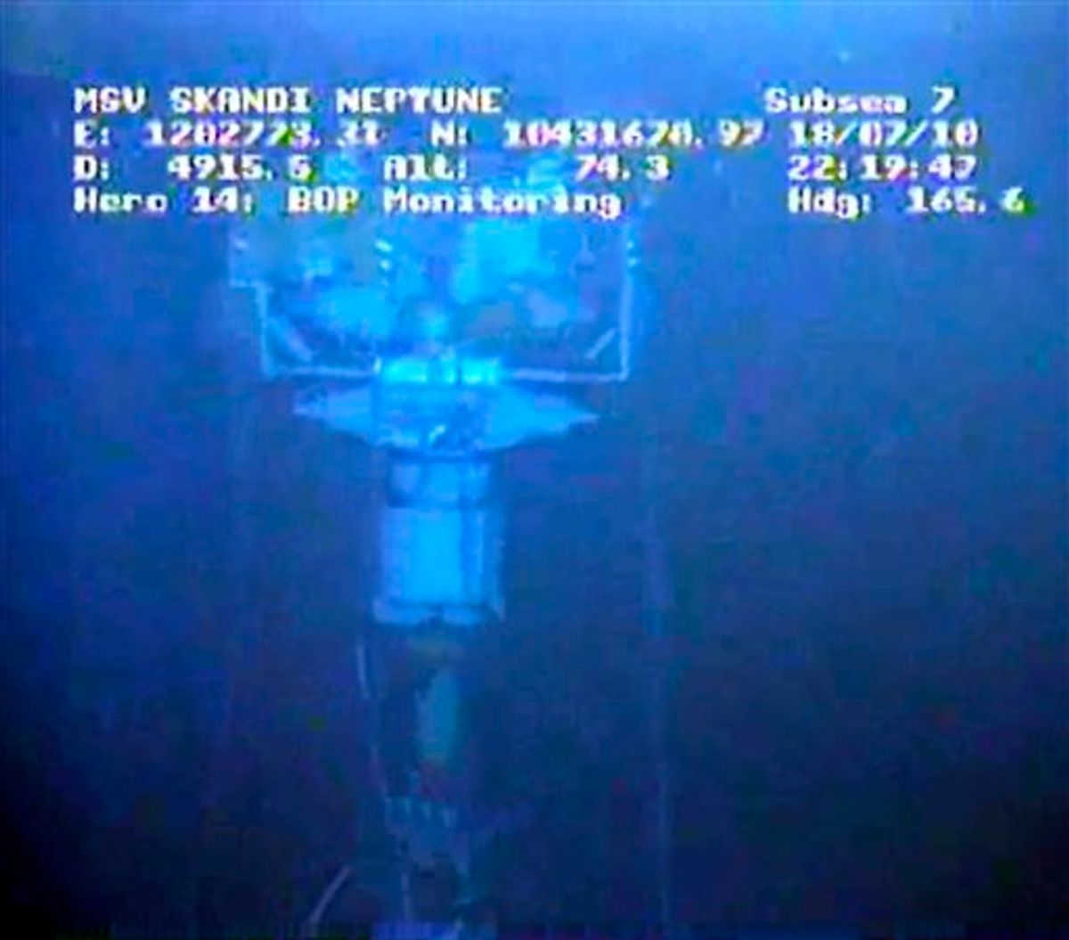 In this image taken from video provided by BP PLC at 22:19 CDT, the containment stack is shown at the site of the Deepwater Horizon oil spill in the Gulf of Mexico Sunday, July 18, 2010. BP and the Obama administration offered significantly differing views Sunday on whether the capped Gulf of Mexico oil well will have to be reopened, a contradiction that may be an effort by the oil giant to avoid blame if crude starts spewing again. (AP Photo/BP PLC) NO SALES (AP)