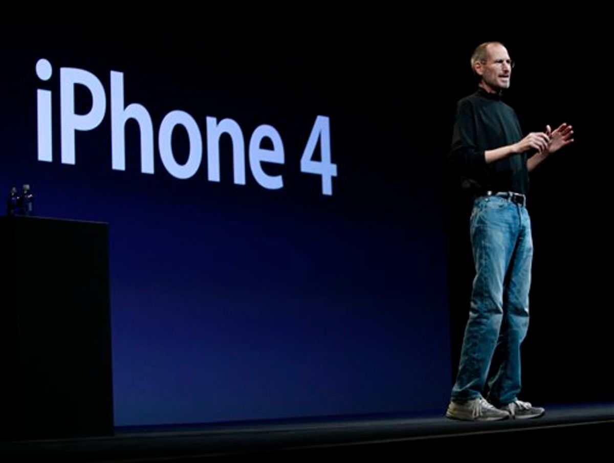 Apple CEO Steve Jobs introduces the new iPhone 4 at the Apple Worldwide Developers Conference, Monday, June 7, 2010, in San Francisco. (AP Photo/Paul Sakuma) (AP)