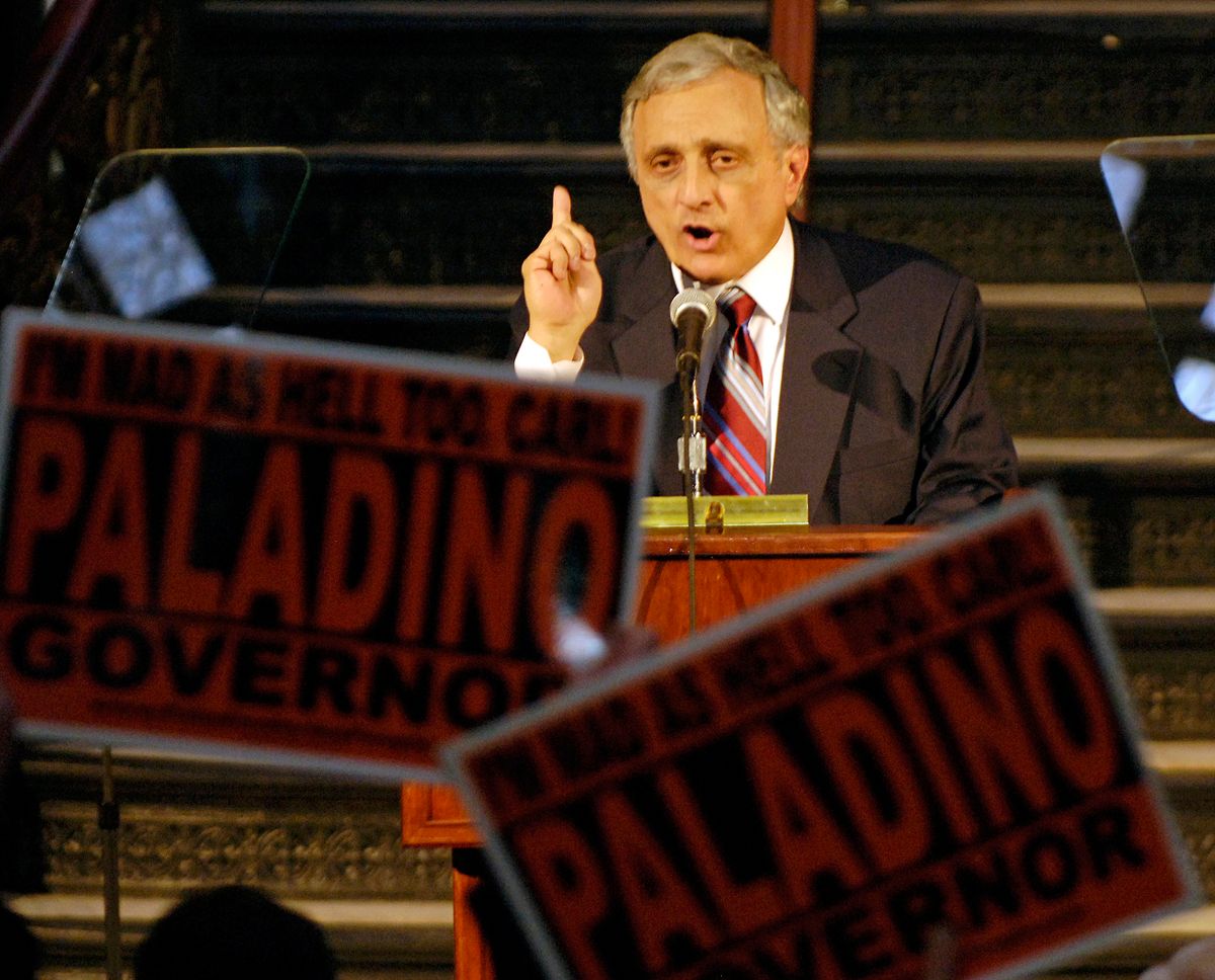 Buffalo businessman Carl Paladino announces his candidacy for New York State Governor at a rally in Buffalo, N.Y. on Monday, April 5, 2010.  (AP Photo/Don Heupel) (Don Heupel)