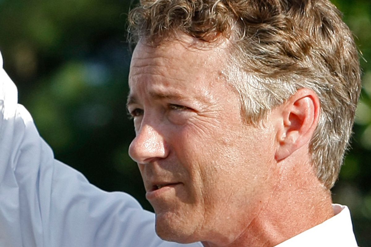 Republican U.S. Senate candidate Rand Paul speaks to a tea party rally in Frankfort, Ky., on July 10.