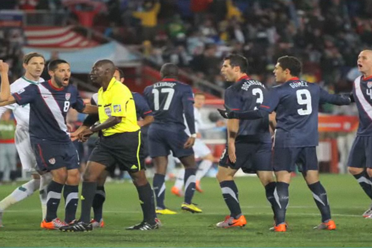 U.S. players protest a referee's call during their match against Slovenia at the World Cup on June 18.   