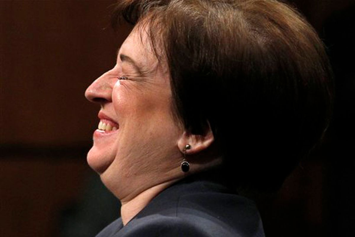 Supreme Court nominee Elena Kagan laughs on Capitol Hill in Washington, Tuesday, June 29, 2010, while testifying before the Senate Judiciary Committee hearing on her nomination. (AP Photo/Alex Brandon) (Alex Brandon)