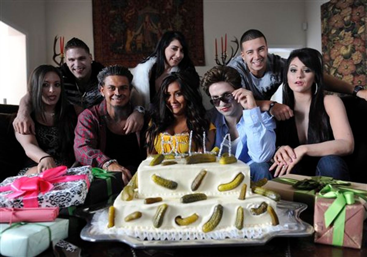 In this publicity image released by ABC,  the cast of the "Jersey Shore", front row from left, Sammi "Sweetheart" Giancola, Pauly "DJ Pauly D" Del Vecchio, Nicole "Snooki" Polizzi, Mike "The Situation" Sorrentino, Jenni "JWOWW" Farley, second row from left, Ronnie Magro, Angelina Pivarnick and Vinny Guadagnino, spoof "Twilight" in a special comedy segment to premiere on "Jimmy Kimmel Lives Twilight Saga: Total Eclipse of the Heart" airing Wednesday, June 23, 2010 at 10 p.m. EST on ABC.  The program will also feature "The Twilight Saga: Eclipse" cast members Robert Pattinson, Kristen Stewart and Taylor Lautner.  (AP Photo/ABC, Mitch Haddad)   (AP)