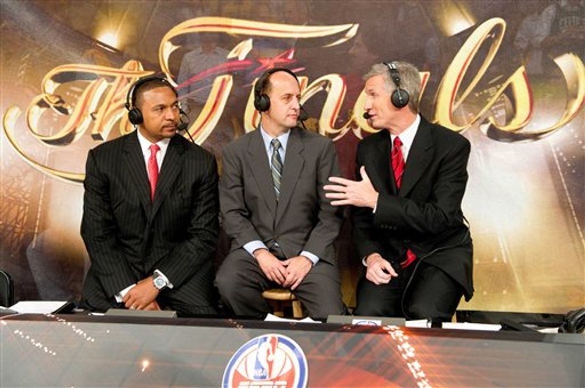 In this image provided by ESPN, commentators Mark Jackson, left, Jeff Van Gundy, center, and Mike Breen are shown on the ESPN set during an NBA basketball game between the Los Angeles Lakers and Boston Celtics at the Staples Center in Los Angeles, June 3, 2010. With Jeff Van Gundy and Mark Jackson linked to coaching openings, how long can ABC keep its trio together?  (AP Photo/ESPN, Scott Clarke) ** NO ARCHIVING, NO SALES ** (AP)