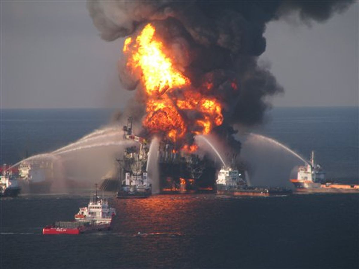 This image provided by the U.S. Coast Guard shows fire boat response crews battle the blazing remnants of the off shore oil rig Deepwater Horizon Wednesday April 21, 2010. The Coast Guard by sea and air planned to search overnight for 11 workers missing since a thunderous explosion rocked an oil drilling platform that continued to burn late Wednesday. (AP Photo/US Coast Guard) (AP)
