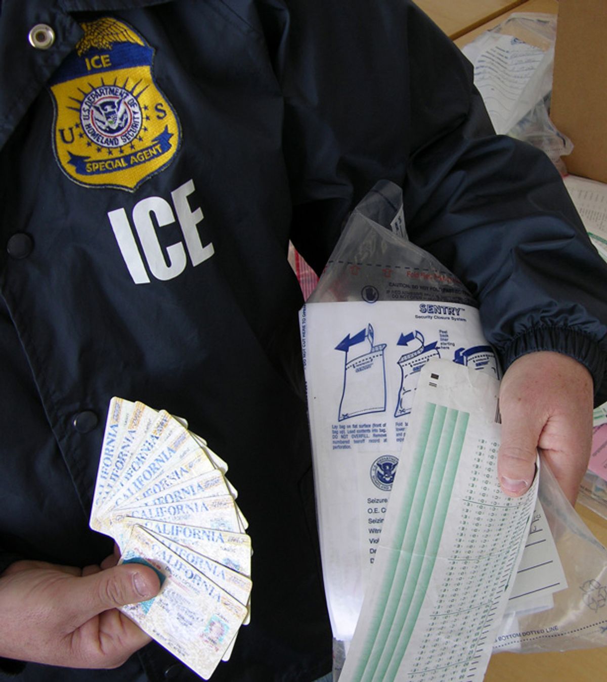 An Immigration and Customs Enforcement agent examines evidence in an immigration fraud case. (Associated Press)