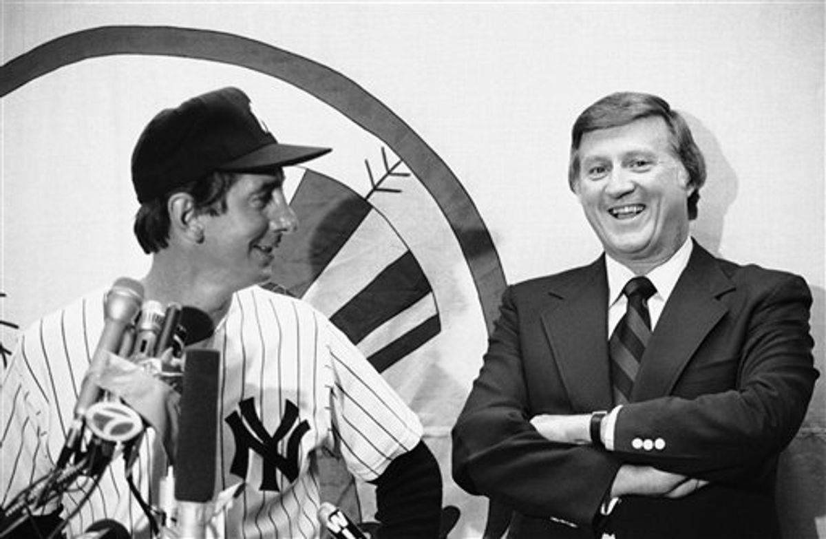 FILE - This June 29, 1978, file photo shows New York Yankees principle owner George Steinbrenner laughing as Billy Martin answers reporters questions at a news conference after the Old Timers Day game,  at Yankee Stadium in New York. A person close to George Steinbrenner says the Yankees owner died Tuesday morning, July 13, 2010 . (AP Photo/Harris, File) (AP)