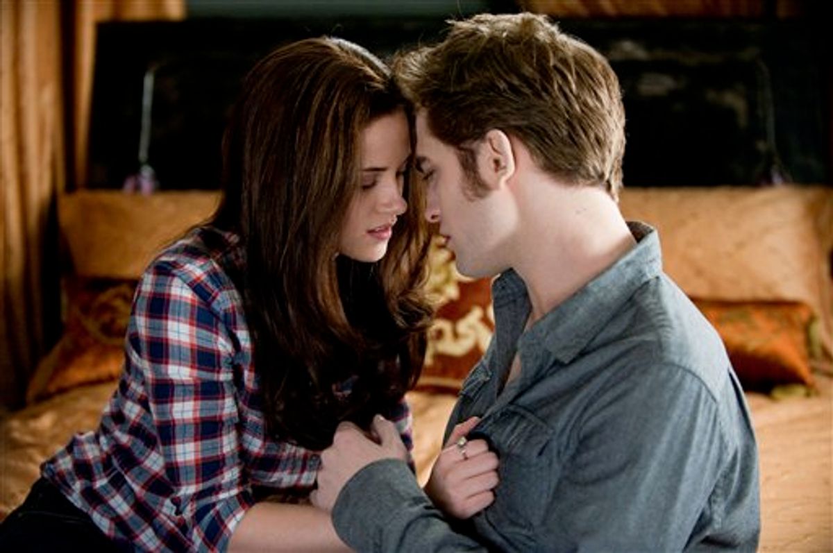 In this film publicity image released by Summit Entertainment, Kristen Stewart, left, and James Pattinson are shown in a scene from, "The Twilight Saga: Eclipse." (AP Photo/Summit Entertainment, Kimberley French)          (AP)
