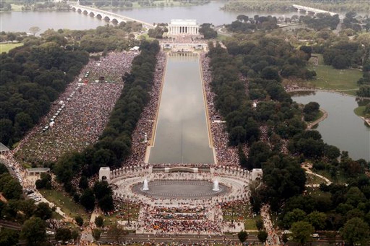 The crowd attending the "Restoring Honor" rally, organized by Glenn Beck, is seen from the top of the Washington Monument in Washington, on Saturday, Aug. 28, 2010. In the foreground is the National World War II Memorial and the Lincoln Memorial is at the top. (AP Photo/Jacquelyn Martin) (AP)