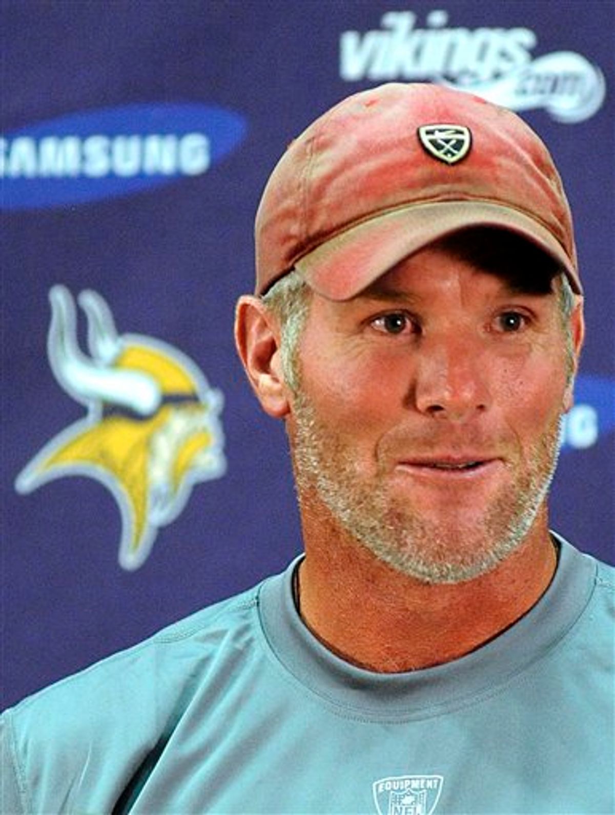 FILE - This Aug. 18, 2009, file photo shows Minnesota Vikings quarterback Brett Favre speaking during a news conference at the NFL football team's training facility, in Eden Prairie, Minn.  A person with knowledge of the situation tells The Associated Press that Brett Favre has informed the Vikings he will not return to Minnesota for a second season. The person spoke on condition of anonymity Tuesday, Aug. 3, 2010,  because the team had not made an official announcement. (AP Photo/Hannah Foslien, FIle) (AP)