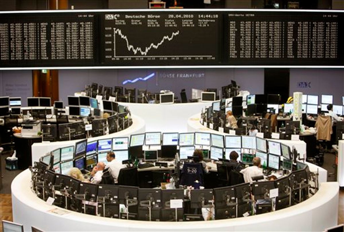 Brokers work under the panel of the German stock index DAX in Frankfurt, central Germany, Wednesday, April 28, 2010. (AP Photo/Michael Probst) (AP)