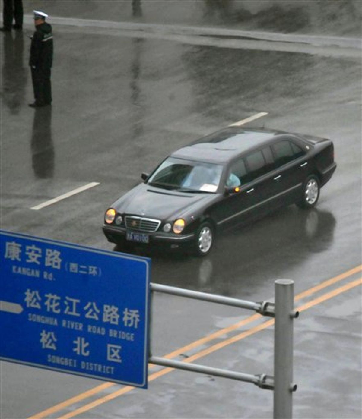 A limousine, that Japan's Kyodo News said is believed to be carrying North Korean leader Kim Jong Il, drives through a street in Harbin, northeastern China, Sunday, Aug. 29, 2010. Kim visited Harbin on Sunday while on a secretive trip reportedly aimed at drumming up support for a succession plan involving his youngest son, a news report said. (AP Photo/Kyodo News) ** JAPAN OUT, MANDATORY CREDIT, FOR COMMERCIAL USE ONLY IN NORTH AMERICA ** (AP)