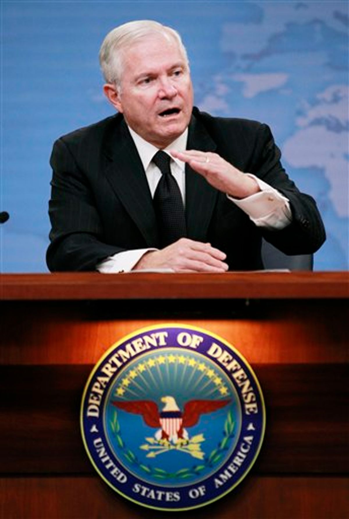 Secretary of Defense Robert Gates speaks at the Pentagon Monday, Aug. 9, 2010, in Washington. Gates said that tough economic times require that he shutter a major command that employs some 5,000 people in Norfolk, Va., and begin to eliminate other jobs throughout the military.  (AP Photo/Manuel Balce Ceneta)  (AP)