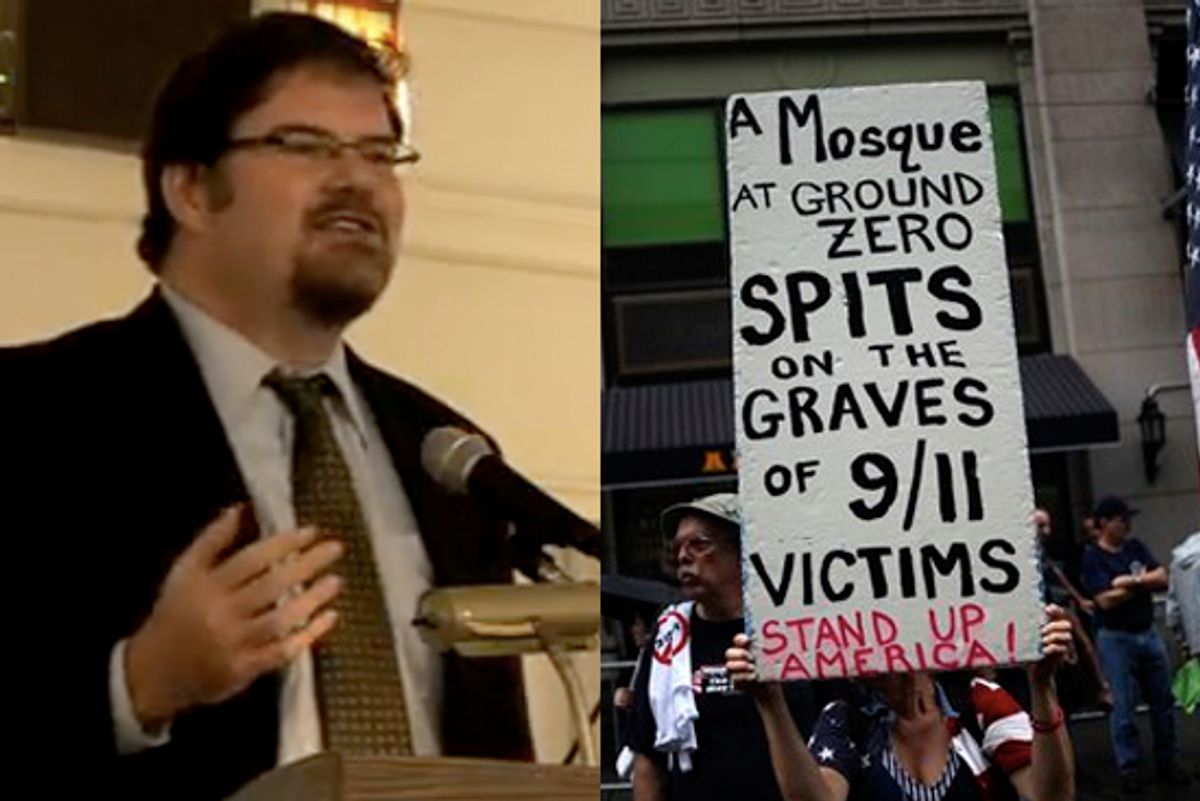 Jonah Goldberg, left. Right: A rally against a proposed mosque and community center near ground zero in New York, Sunday, Aug. 22, 2010.    