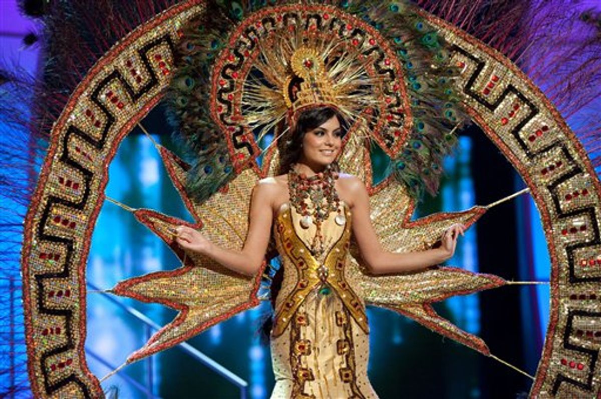 In a photo provided by the Miss Universe OrganizationJimena Navarrete, Miss Mexico 2010, wears her national costume for a pre taped segment of the 2010 Miss Universe Competition at Mandalay Bay in Las Vegas, Wednesday, Aug. 18, 2010. (AP Photo/Patrick Prather/Miss Universe Organization LP, LLLP)  (AP)