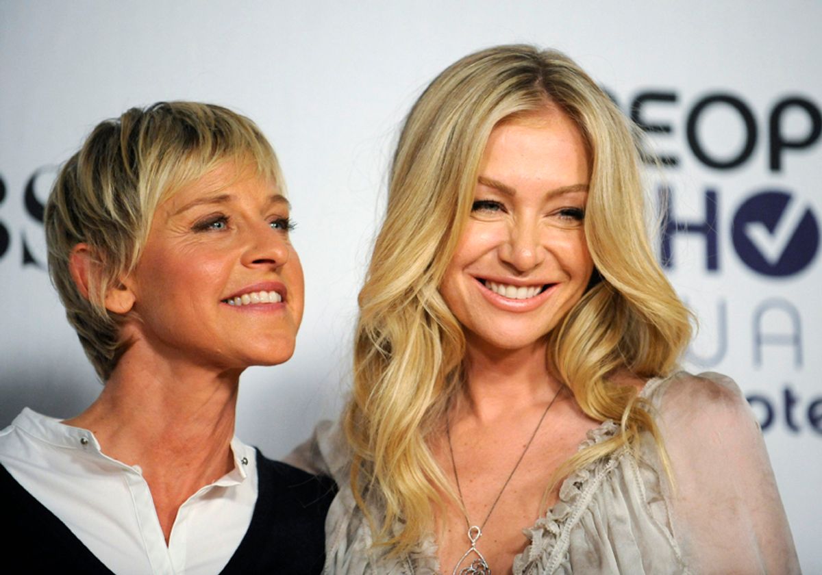 Comedian Ellen Degeneres (L) and actress Portia de Rossi pose backstage after Degeneres won the award for Favorite Talk Show Host at the 35th annual People's Choice awards in Los Angeles January 7, 2009.     REUTERS/Phil McCarten (UNITED STATES)  (Â© Phil Mccarten / Reuters)