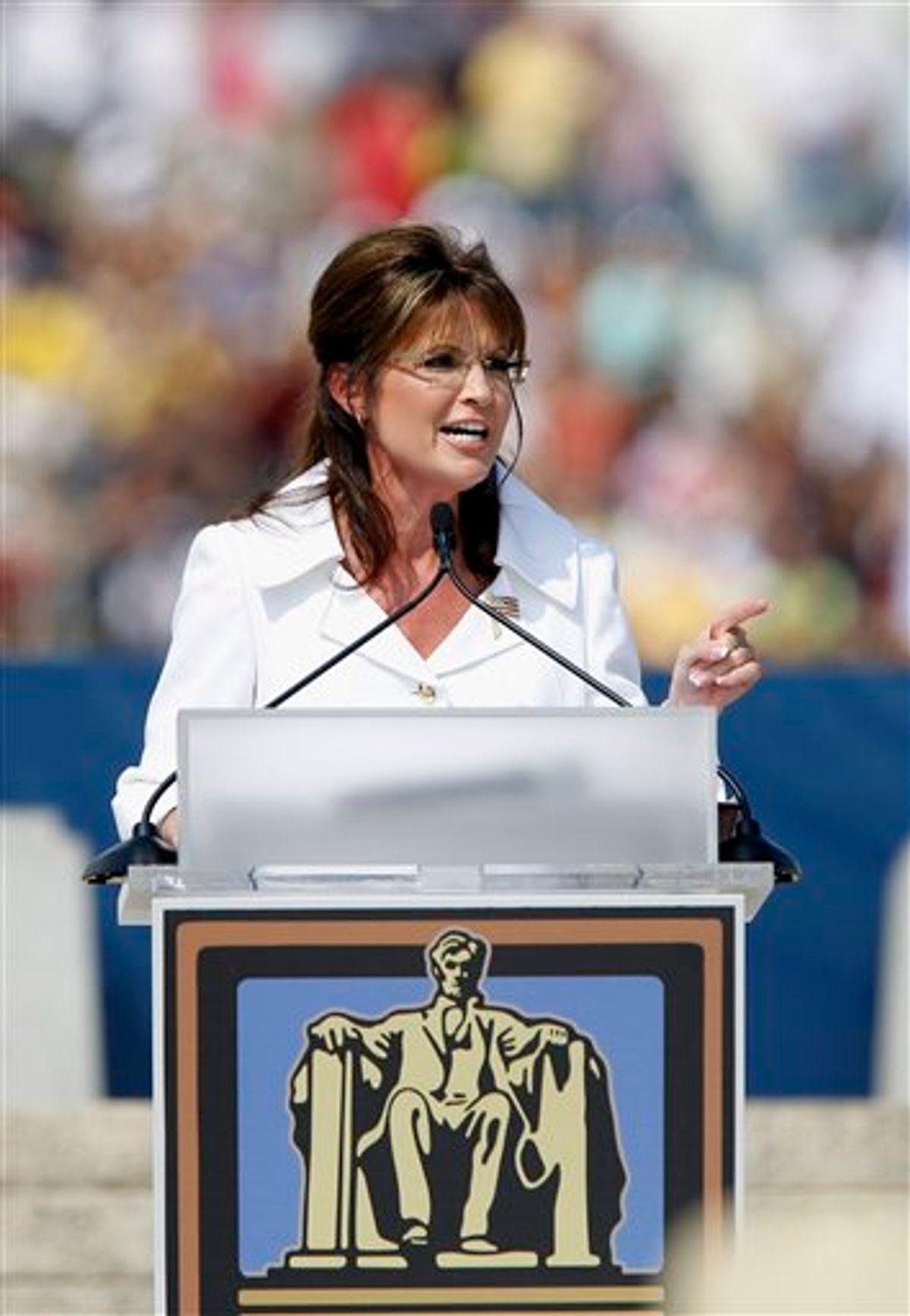Former Gov. Sarah Palin speaks at the Glenn Beck "Restoring Honor" rally in front of the Lincoln Memorial in Washington, Saturday, Aug. 28, 2010.(AP Photo/Alex Brandon) (AP)