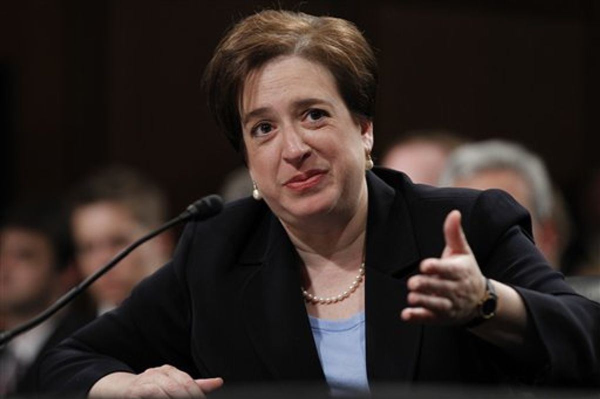 Supreme Court nominee Elena Kagan testifies on Capitol Hill in Washington, in this photo taken June 30, 2010. There was hardly a mention of it in her confirmation hearings last week, but Supreme Court nominee Elena Kagan raised hundreds of millions of dollars for Harvard Law School from wealthy donors while she was its dean. She could one day sit in judgment on cases involving some of those same donors.  (AP Photo/Alex Brandon) (AP)
