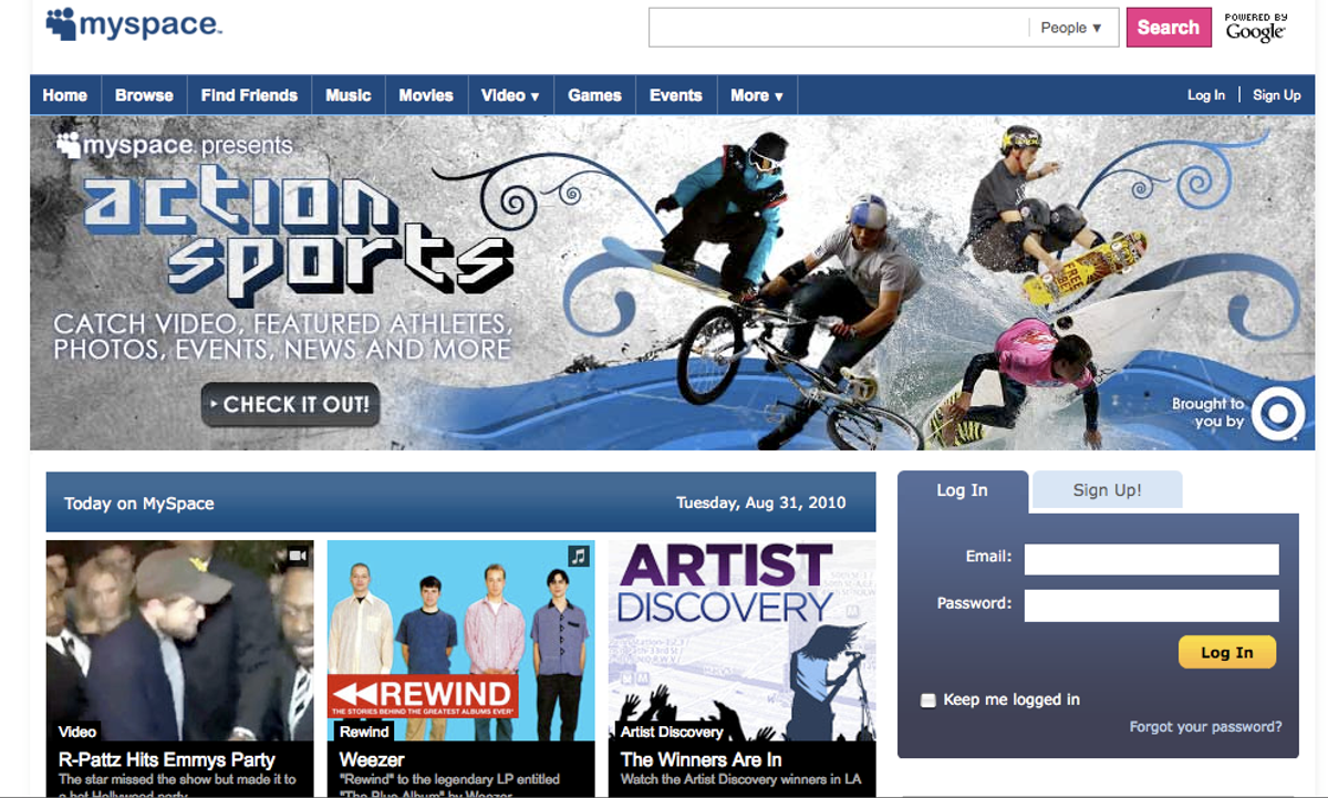 Screen grab of MySpace home page.