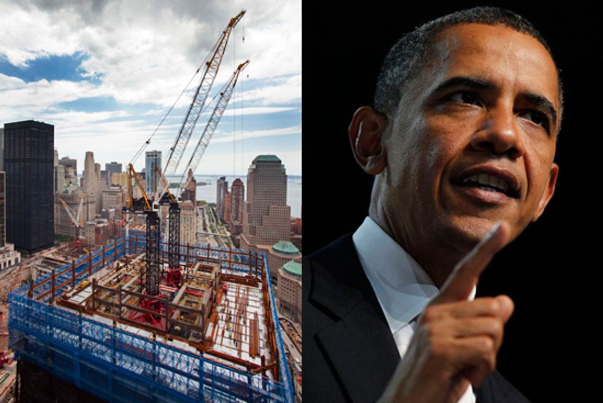 Left: Construction cranes tower above One World Trade Center, Friday, August 13, 2010 in New York. Right: President Obama