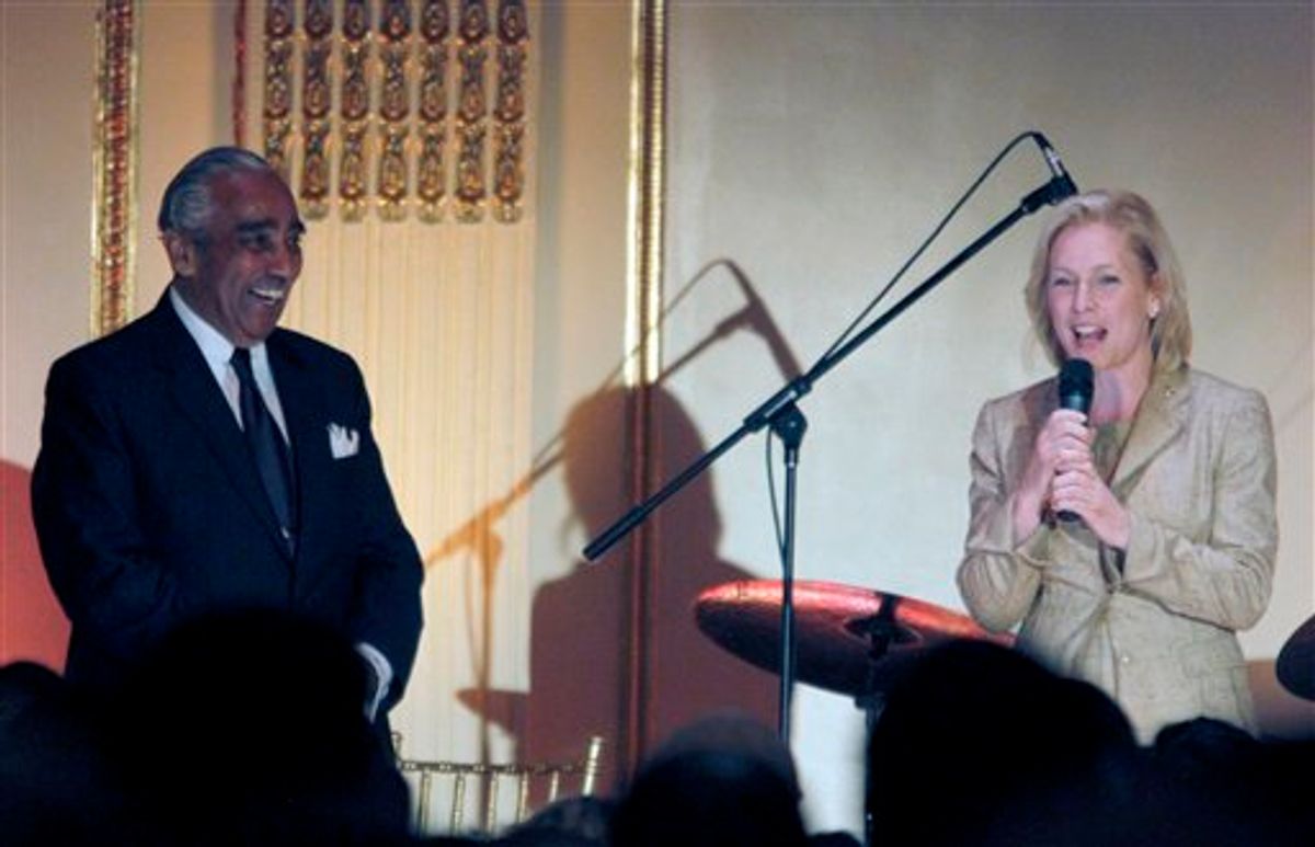 Sen. Kirsten E. Gillibrand, D-N.Y., right,  joins Rep. Charles Rangel,  D-N.Y.,  onstage during Rangel's  birthday fundraiser  Wednesday, Aug. 11, 2010 at the Plaza Hotel  in New York.  Democratic Congressman Charles Rangel has told a packed gathering at a fundraiser in New York City that he was deeply moved by the show of support. (AP Photo/Mary Altaffer)          (AP)