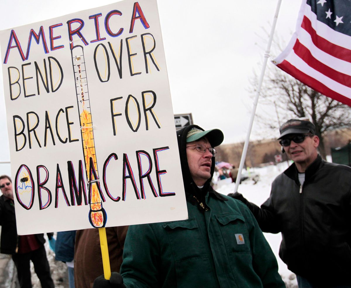 A Tea Party member carries a sign voicing his concern over "ObamaCare" during a rally marking the one-year anniversary of the movement in Troy, Michigan February 27, 2010. Some Tea Partiers say they can pinpoint the precise moment when they made it clear to the Republican Party they had no intention of being its lapdog. On a bright, brisk afternoon in mid-February, with snow still thick on the ground from storms that had battered Washington the week before, Republican National Committee Chairman Michael Steele met with more than 50 members of the Tea Party, the Twitter Age conservative movement that is reshaping the U.S. political landscape. Picture taken February 27, 2010. To match Special Report USA-POLITICS/TEAPARTY. REUTERS/Rebecca Cook  (UNITED STATES - Tags: POLITICS CIVIL UNREST) (Â© Rebecca Cook / Reuters)