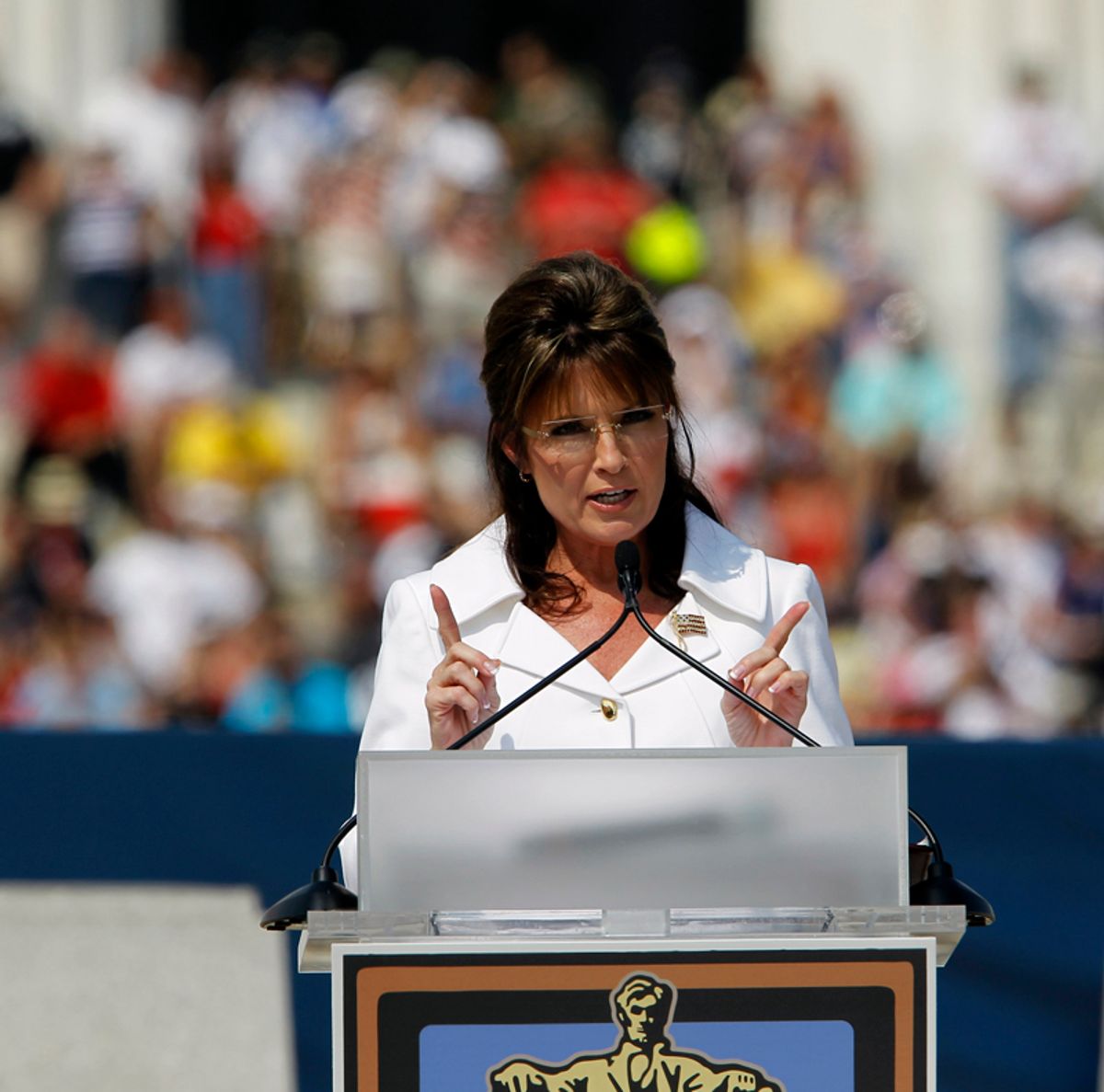 Former Gov. Sarah Palin speaks at the Glenn Beck "Restoring Honor" rally in front of the Lincoln Memorial in Washington, Saturday, Aug. 28, 2010.(AP Photo/Alex Brandon) (Alex Brandon)