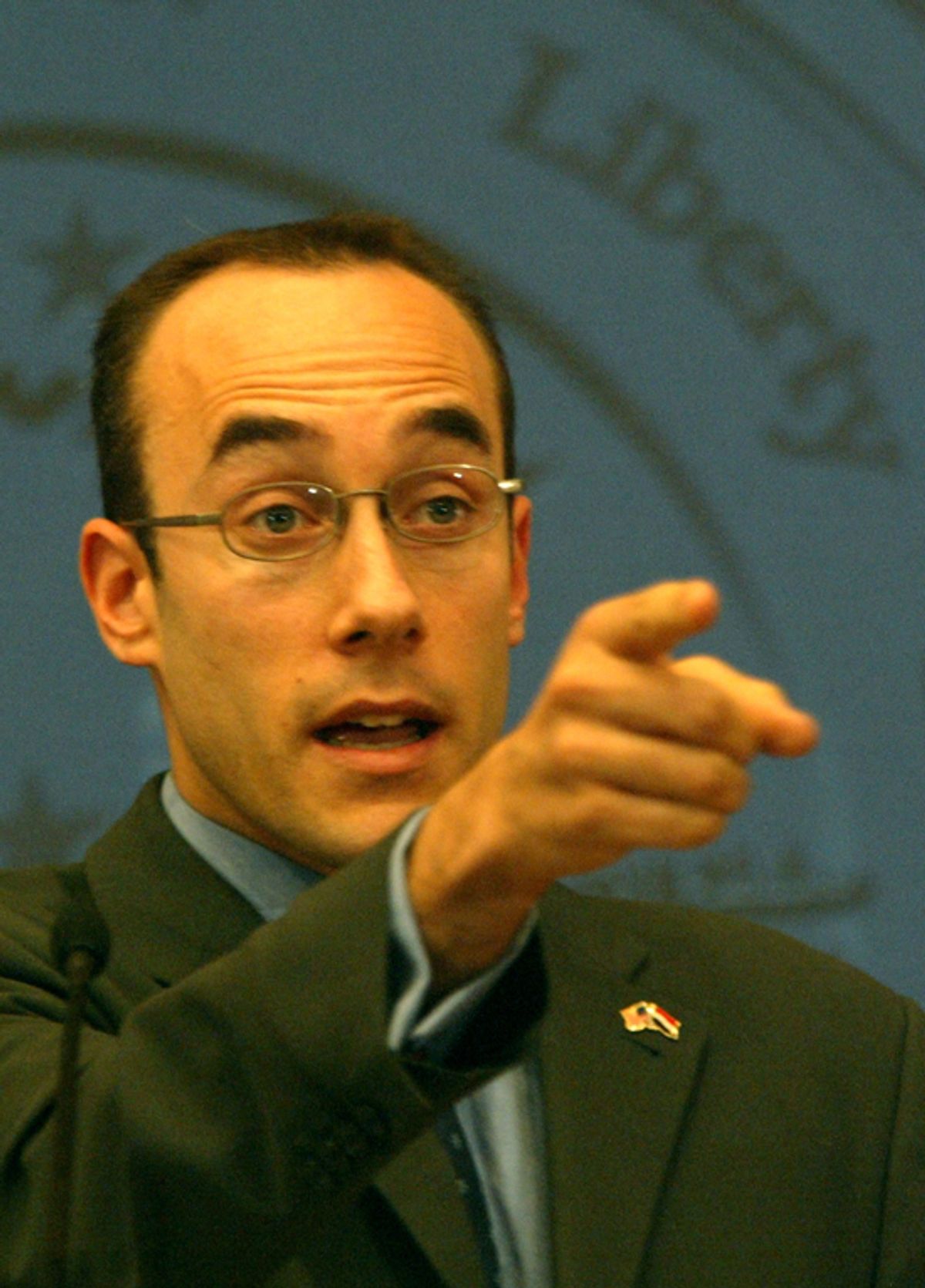 Dan Senor the spokesman for the U.S.-led Coalition Provisional Authority takes questions from journalists during news conference at the coalition forces headquarters in Baghdad February 3, 2004. The United States is committed to a July 1 handover of power in Iraq, despite Sunday's suicide bombings against key Kurdish allies, and is actively weighing compromise proposals for the transition, U.S. officials and experts said on Monday. REUTERS/Peter Andrews  PA (Â© Reuters Photographer / Reuters)
