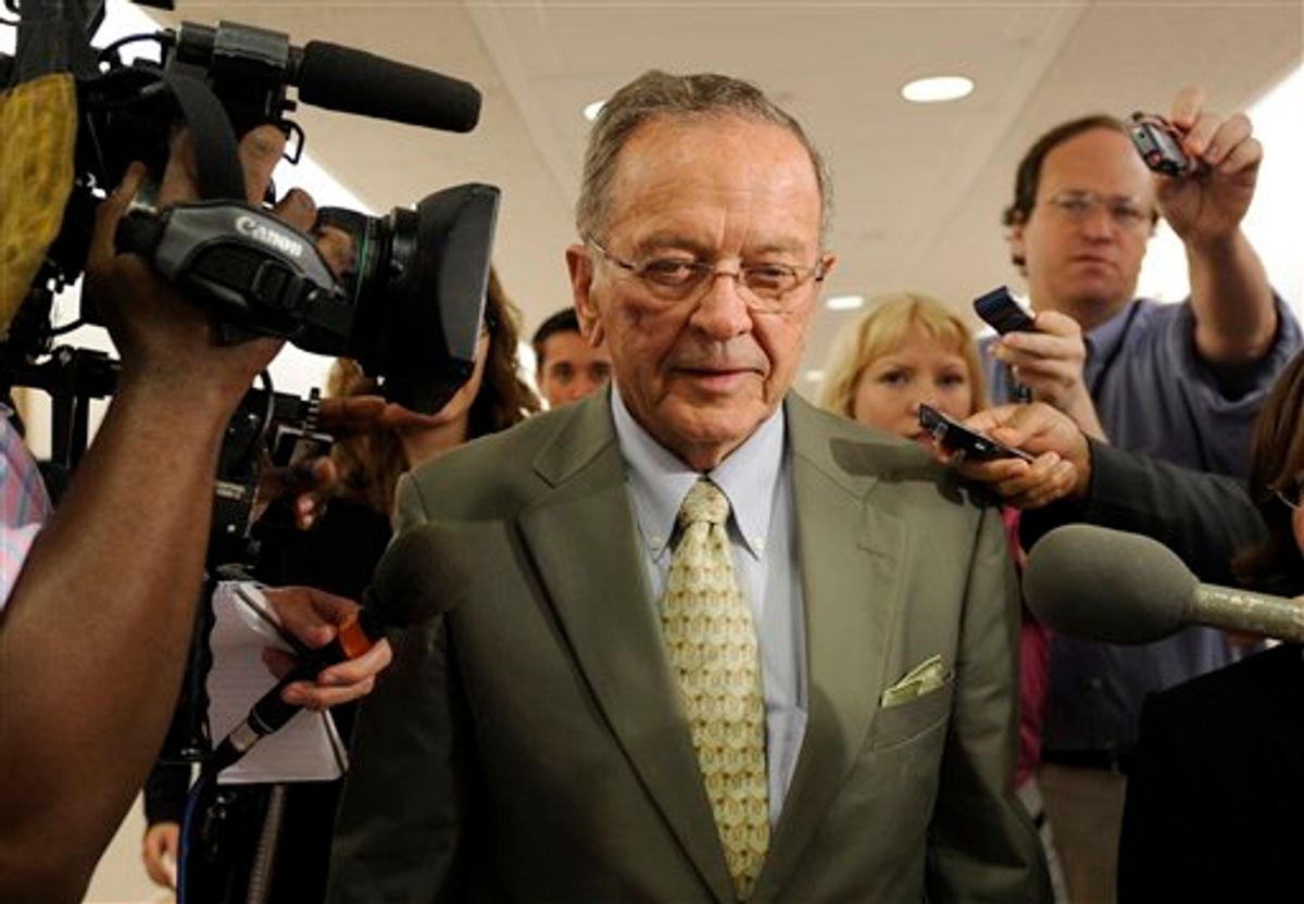 Sen. Ted Stevens, R-Alaska, is surrounded by reporters as he leaves a committee meeting on Capitol Hill in Washington, Wednesday, July 30, 2008. Stevens was indicted Tuesday on charges that he lied about gifts from an oil company on a Senate disclosure form. (AP Photo/Susan Walsh) (Associated Press)