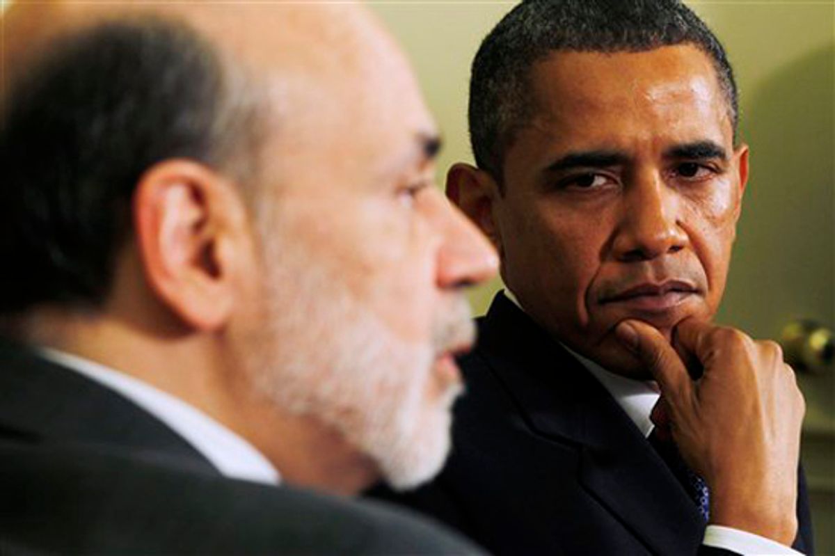 President Barack Obama meets with Federal Reserve Board Chairman Ben Bernanke in the Oval Office of the White House in Washington, Tuesday, June 29, 2010. (AP Photo/Charles Dharapak) (Charles Dharapak)