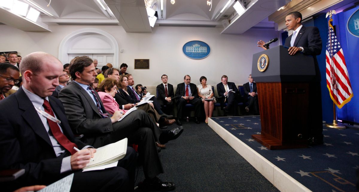 President Barack Obama gestures during his news conference in the Brady Press Briefing Room of the White House on Washington, Tuesday, June 23, 2009. (AP Photo/Pablo Martinez Monsivais) (Associated Press)