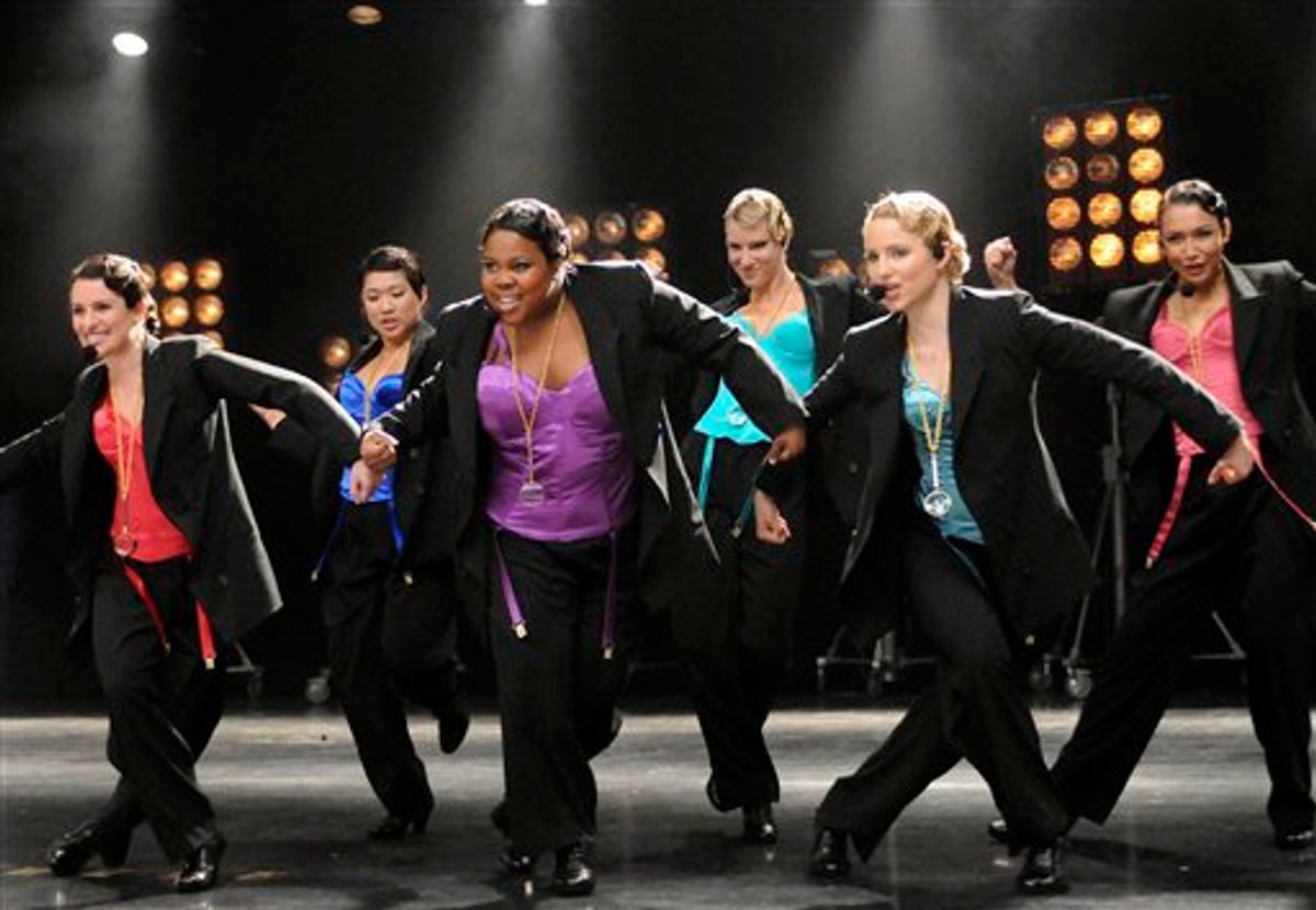 FILE- In this file publicity image released by Fox, from left,  Lea Michele, Jenna Ushkowitz, Amber Riley, Heather Morris, Dianna Agron and Naya Rivera perform in "The Power of Madonna" episode of "Glee".   (AP Photo/Fox, Michael Yarish, FILE)  NO SALES (AP)