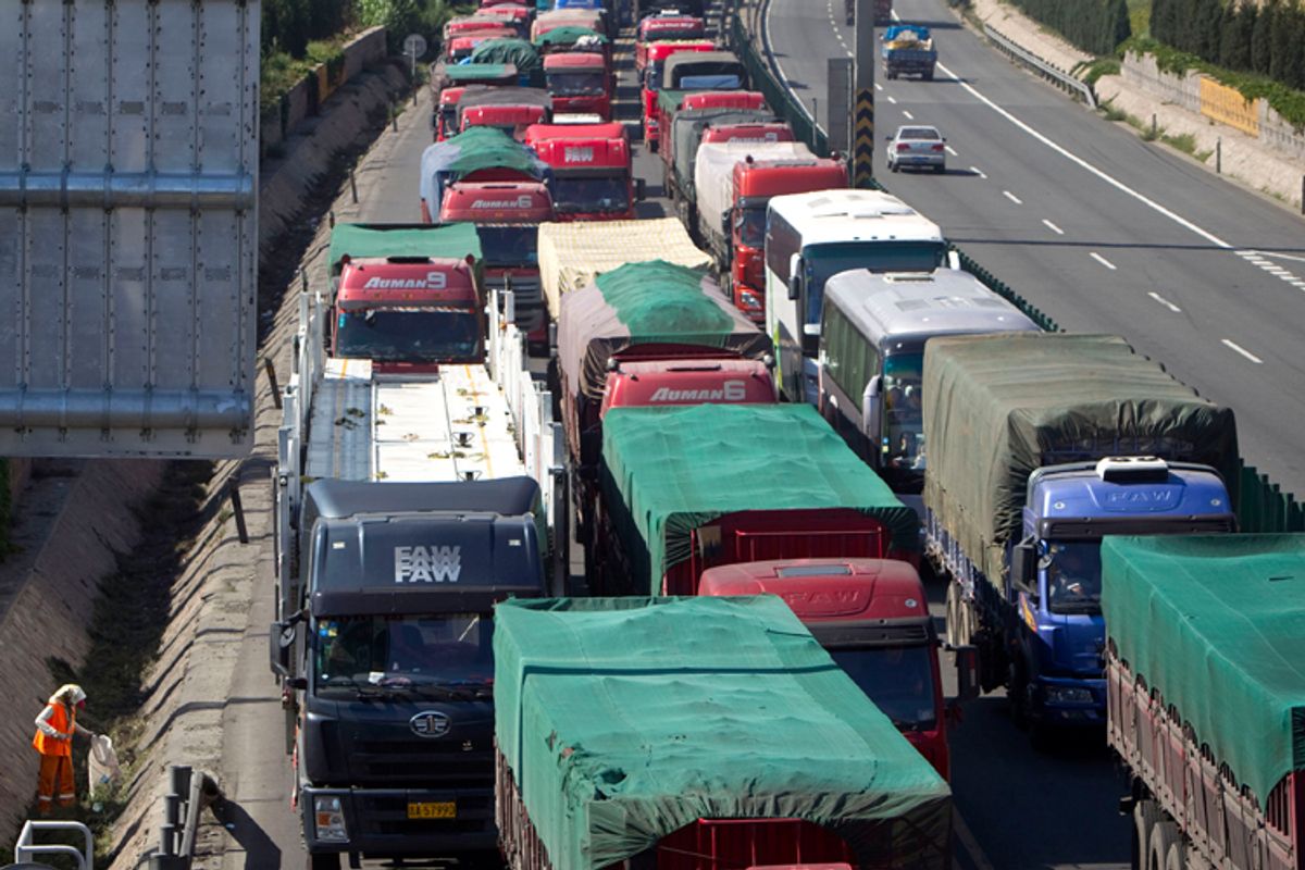 A jammed section of the Beijing-Zhangjiakou highway in Huailai, in north China's Hebei province, on Aug. 24. The massive traffic jam that stretches for dozens of miles stems from road construction in Beijing that won't be finished until the middle of next month. 