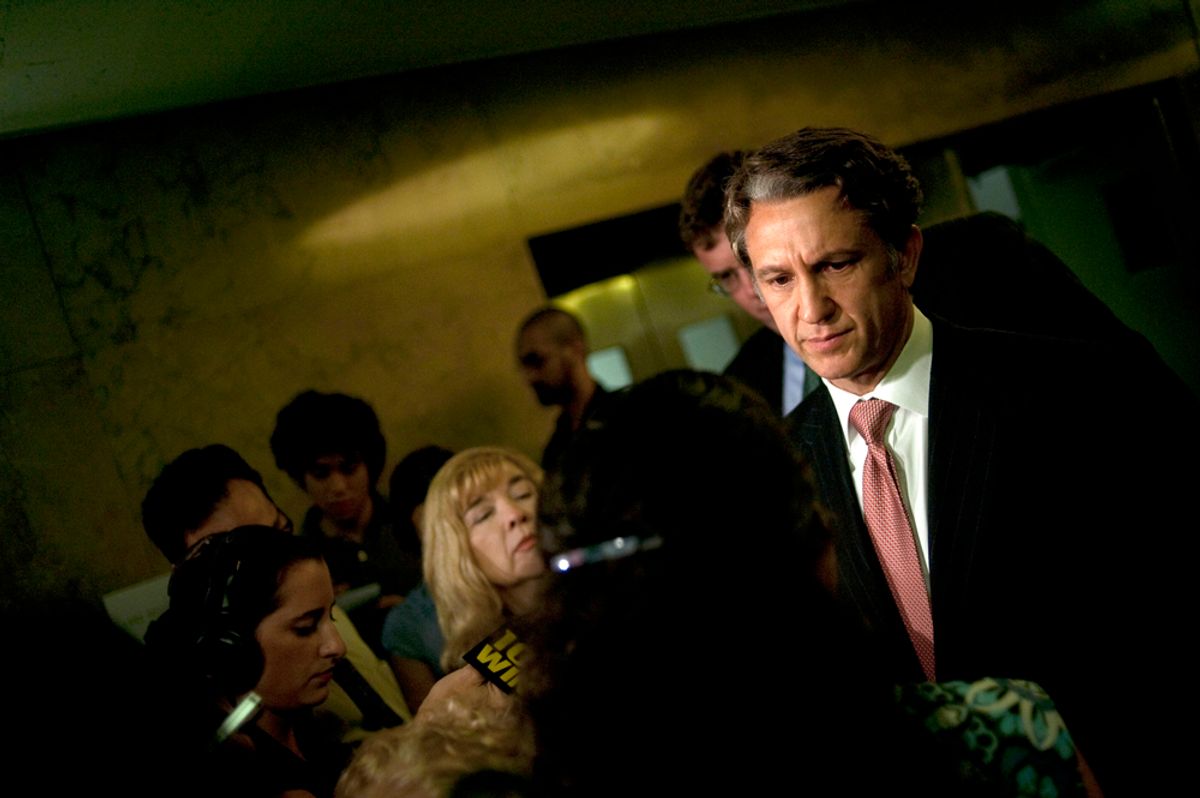 Rick Lazio, the Republican nominee for governor of New York, speaks to members of the media during a Landmarks Commission's hearing on the proposed Cordoba Mosque to be built near the site of the former World Trade Center in New York, July 13, 2010.   REUTERS/Keith Bedford (UNITED STATES - Tags: POLITICS SOCIETY) (Â© Keith Bedford / Reuters)