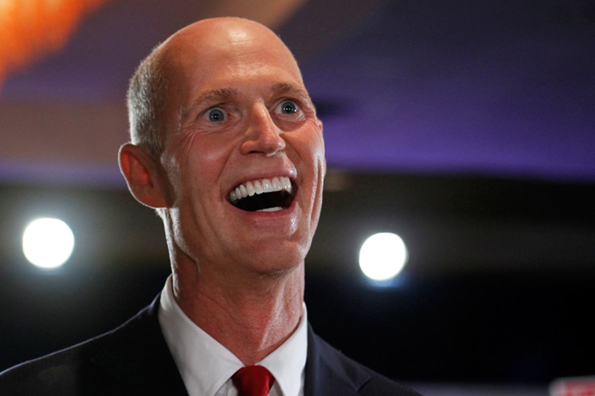 Republican gubernatorial candidate Rick Scott speaks at his election night headquarters as he claimed victory over opponent Bill McCollum in Florida's primary election in Fort Lauderdale on Tuesday.    
