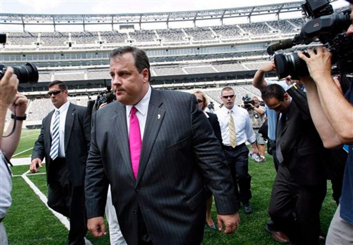 New Jersey Gov. Chris Christie leaves the new Meadowlands football stadium after news conference on Wednesday,  July 21, 2010, in East Rutherford, N.J. Christie announced the findings of a panel that reviewed the state's gambling, entertainment and sports industries. The recommendations include a nearly complete state takeover of Atlantic City's casino district, closing the Meadowlands Racetrack and selling the Izod Center. (AP Photo/ Mel Evans) (AP)