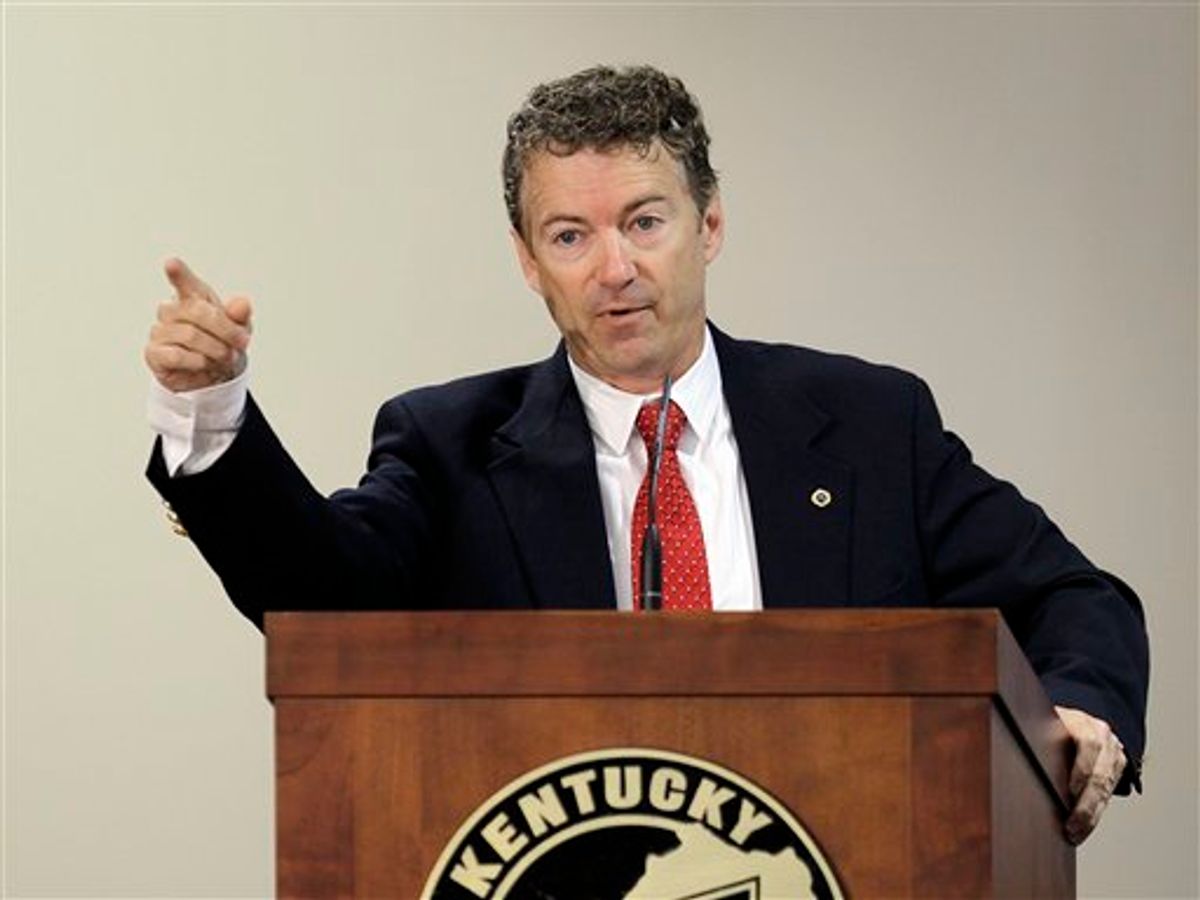Republican U.S. Senate candidate Rand Paul responds to a question during a candidate forum in Louisville, Ky., Thursday, July 22, 2010.  (AP Photo/Ed Reinke) (AP)