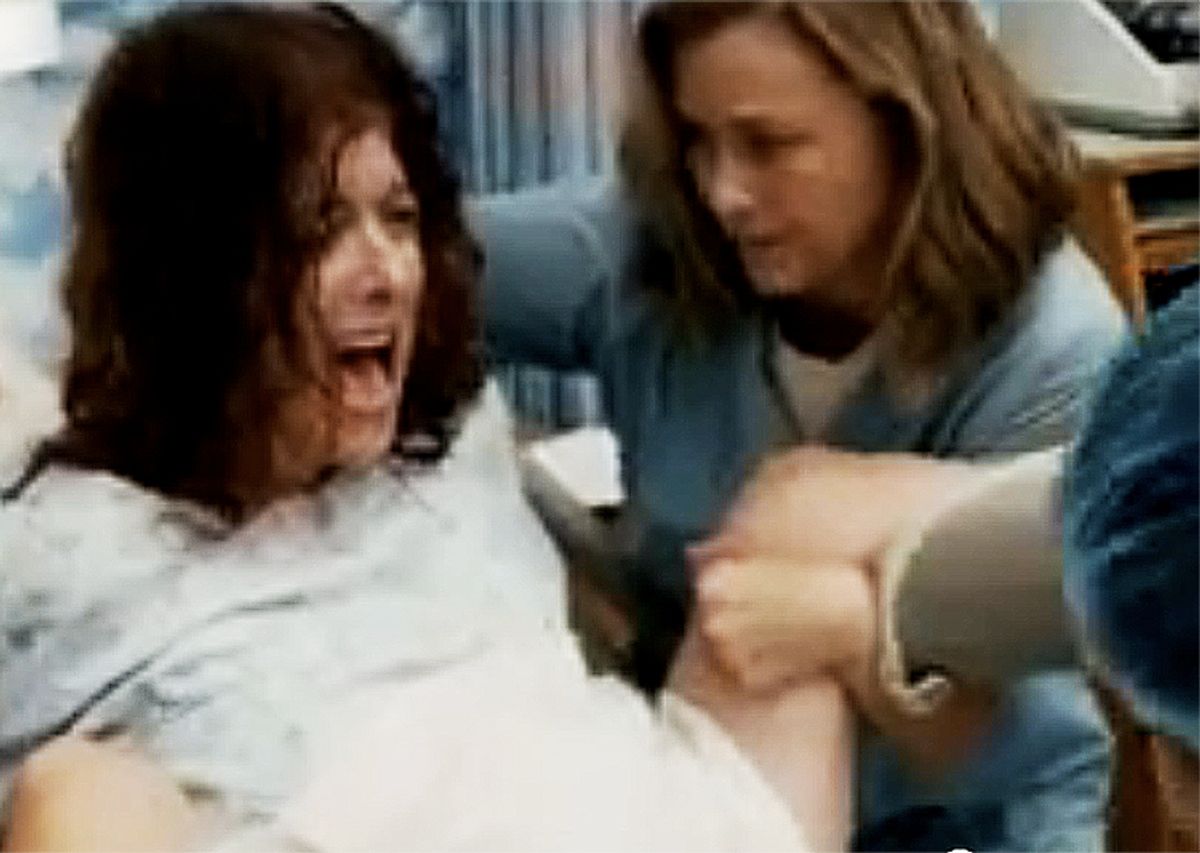 A screenshot from the birth scene in "The Women"
