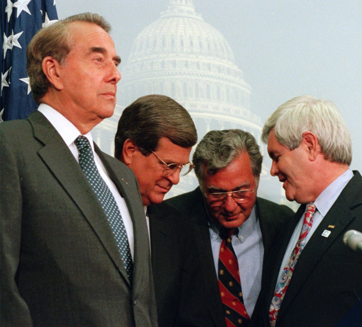 House Speaker Newt Gingrich of Ga., right, huddles with, from second from right, House Majority Leader Dick Armey of Texas, Senate Majority Whip Trent Lott of Miss., and Senate Majority Leader Bob Dole of Kan., during a Capitol Hill news conference in this Sept. 6, 1995 photo.  (AP Photo/John Duricka)   (John Duricka)