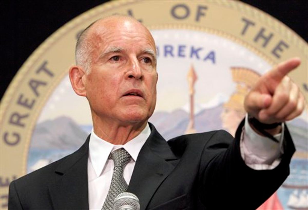 California's Attorney General Jerry Brown speaks during a news conference in Los Angeles on Monday, July 26,2010. Brown, said Monday he has subpoenaed hundreds of records from the Los Angeles suburb under investigation for sky-high salaries paid to its leaders, and demanded to see employment contracts from the city of Bell within 48 hours to determine whether to file charges. (AP Photo/Nick Ut)  (AP)