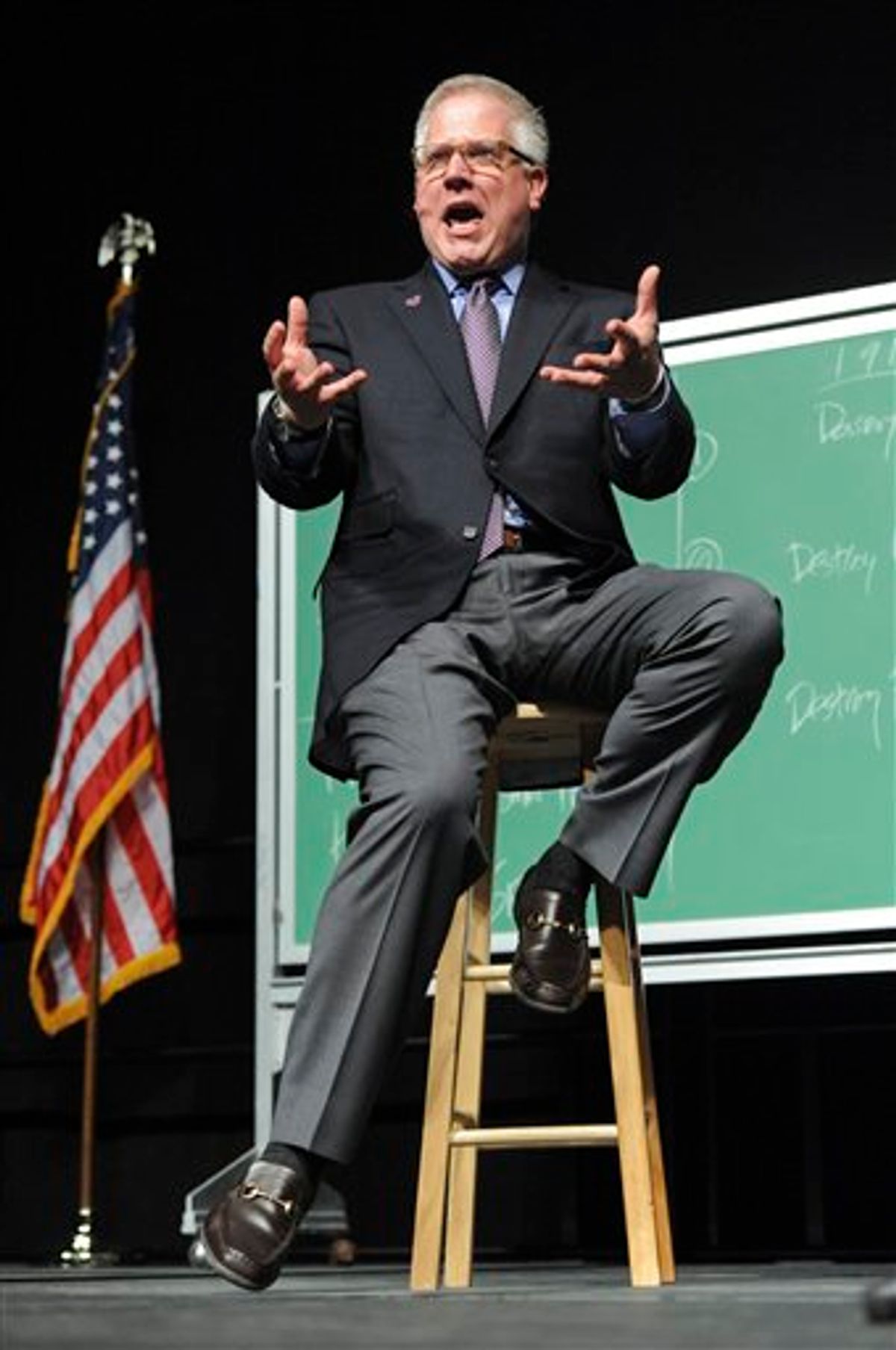Political commentator Glenn Beck appears on stage in Anchorage, Alaska on Saturday, Sept. 11, 2010.  The event featuring the former Alaska Gov. Sarah Palin and the conservative commentator Saturday night brought out two very different crowds. (AP Photo/Michael Dinneen) (AP)