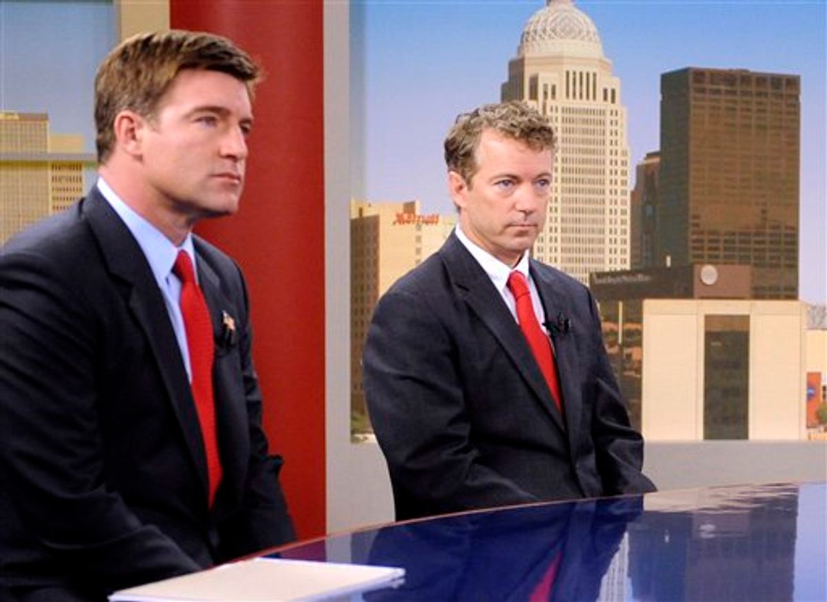 FILE - In this Oct. 3, 2010 file photo, Kentucky Senate candidates, Democrat Jack Conway, left, and Republican Rand Paul, prepare for their debate in Louisville, Ky.  Candidates have been slinging mud from afar for months, their insults filling TV ads and peppering speeches. Now, they're meeting up close _ in many cases for the only time _ and getting right in each other's faces.   (AP Photo/Patti Longmire, File) (AP)