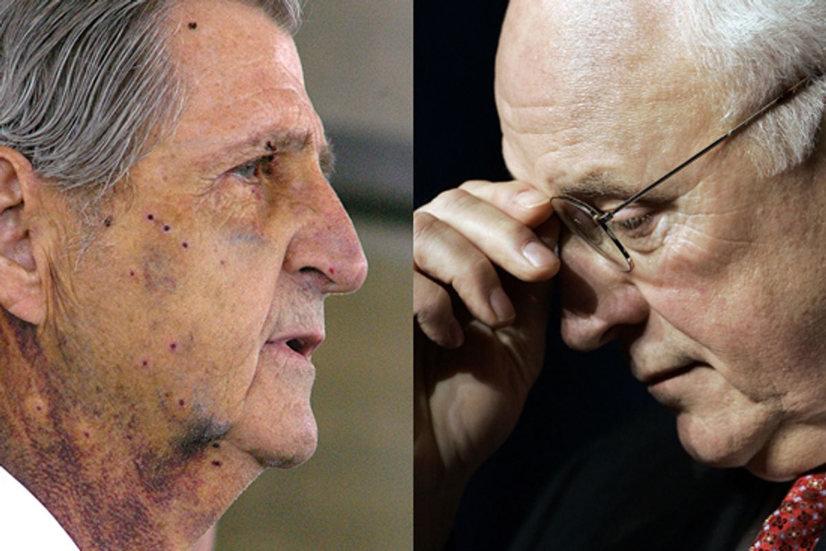 Austin attorney Harry Whittington, left, talks with reporters in 2006 after being shot by Vice President Dick Cheney in a hunting accident. Right: Vice President Dick Cheney