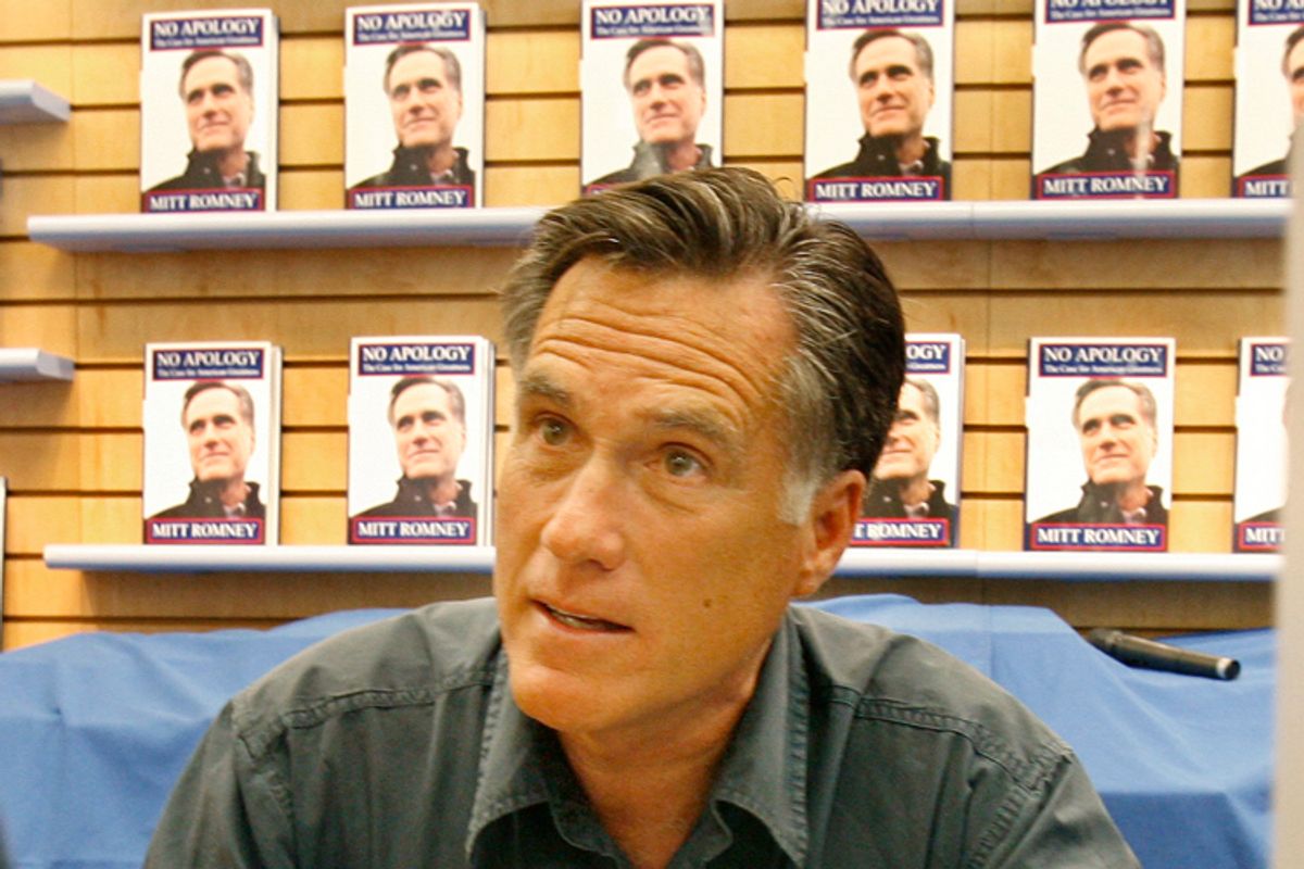 Mitt Romneyat a book signing for his book "No Apology: The Case for American Greatness" in Manchester, N.H., in April. 